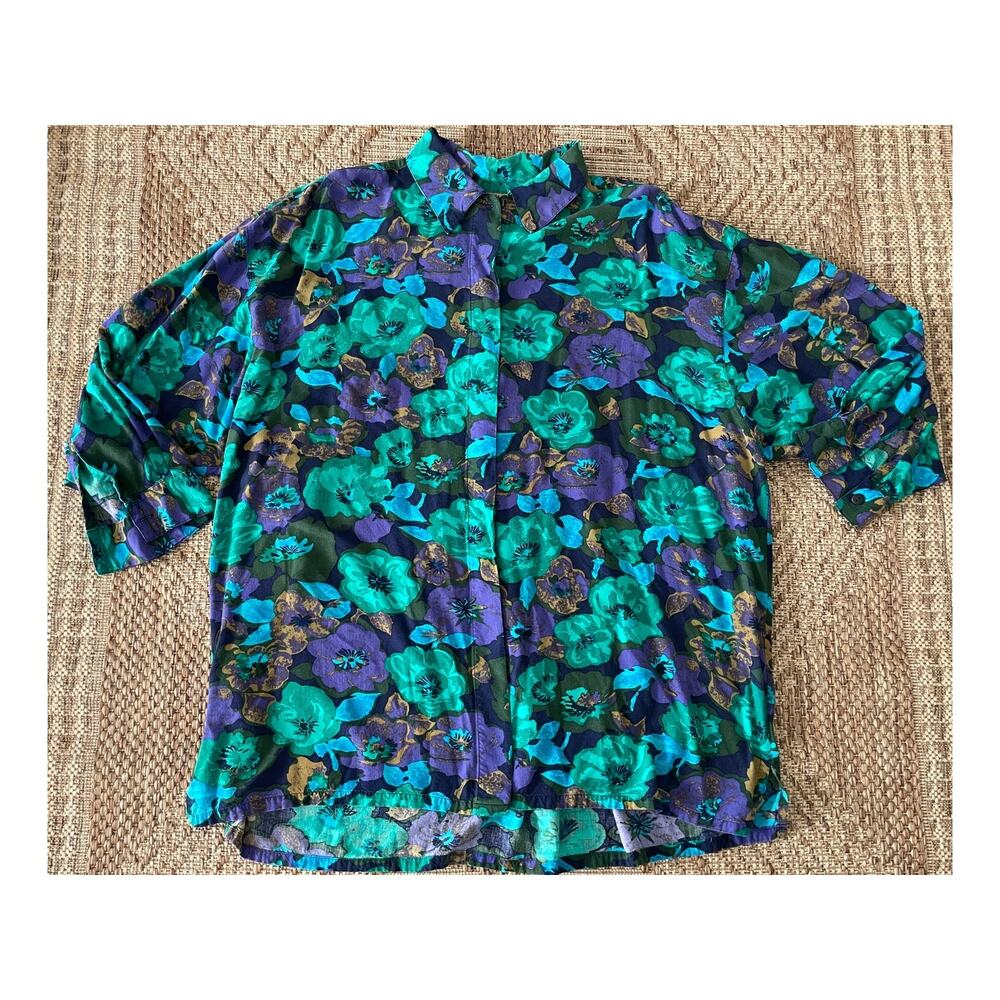 C C Hughes Floral Green and Purple Print Blouse SZ 22W